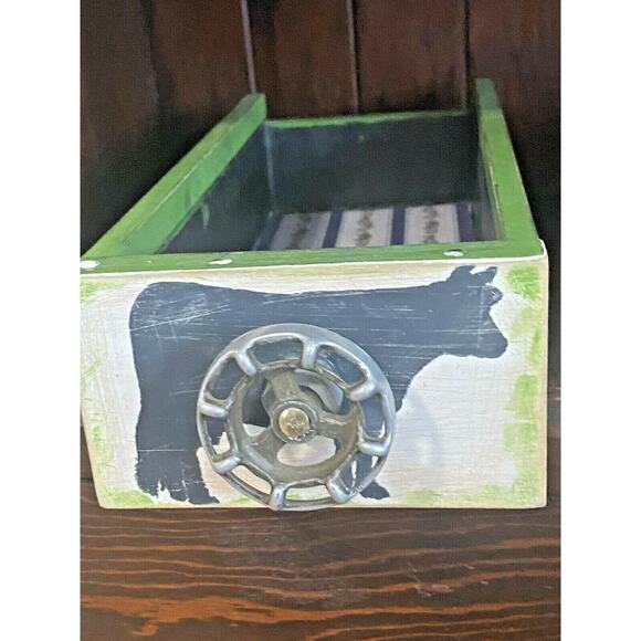 Farmhouse Wood Drawer Crate w/ Vintage Dairy Cow Spigot Handle, Green/Black - Picture 2 of 12